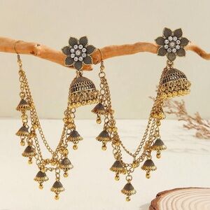 NEW Indian Jewelry Gold and Black Floral Dangle Earrings oxidised earrings
